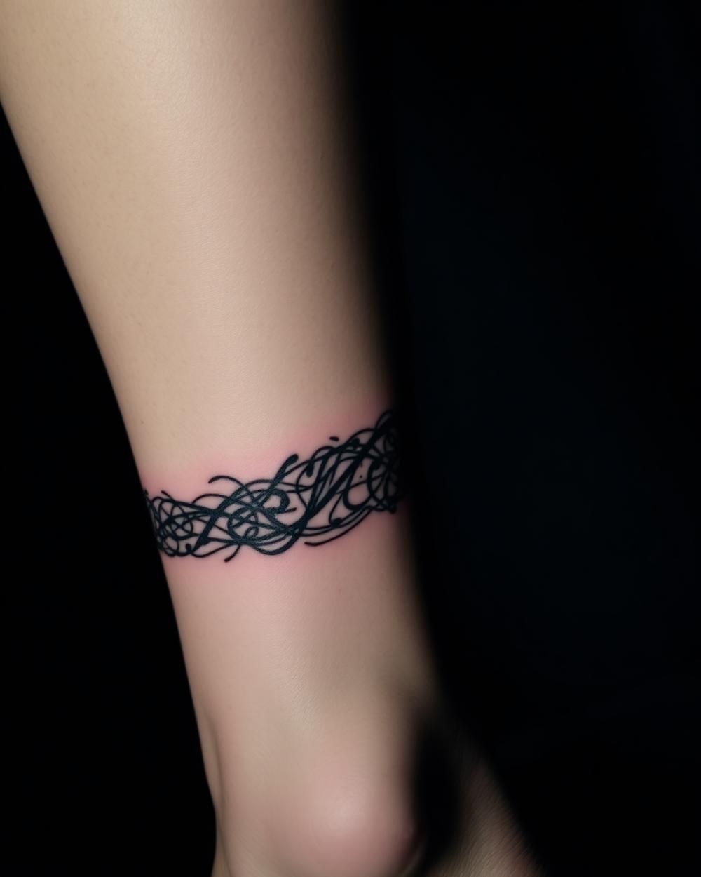 Blackwork — opaska na łydce, tatuaż wygojony